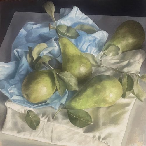 Four pears with Blue tissue paper